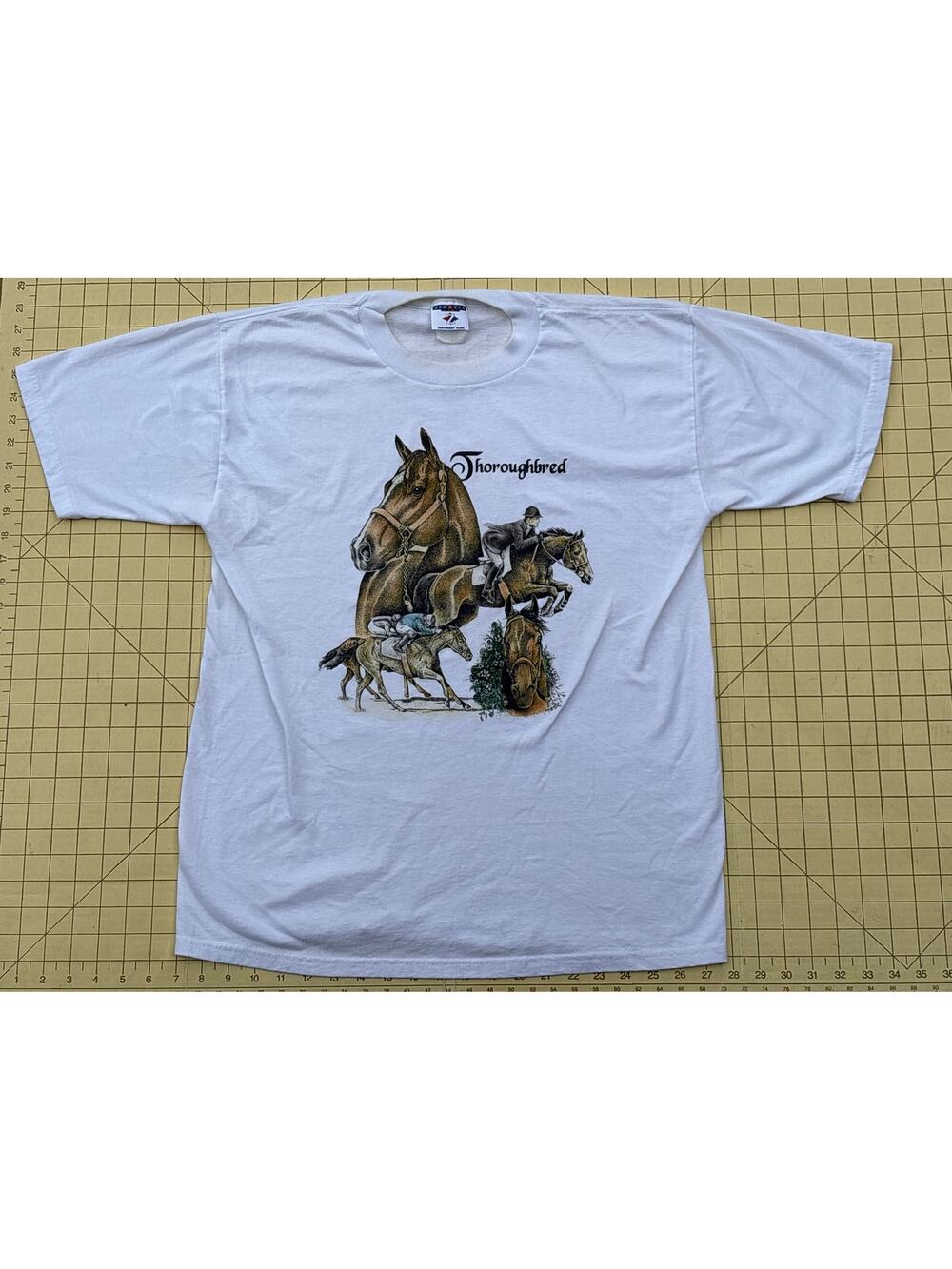 Vtg Thoroughbred Horse Jockey racing art halftone Large retro casual shirt